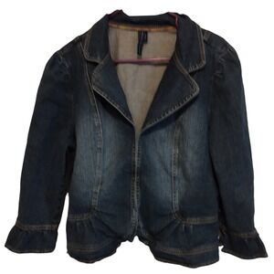 Ashley Judd Jean Denim Jacket Women Size Large Ruffled Edge and Sleeve Versatile
